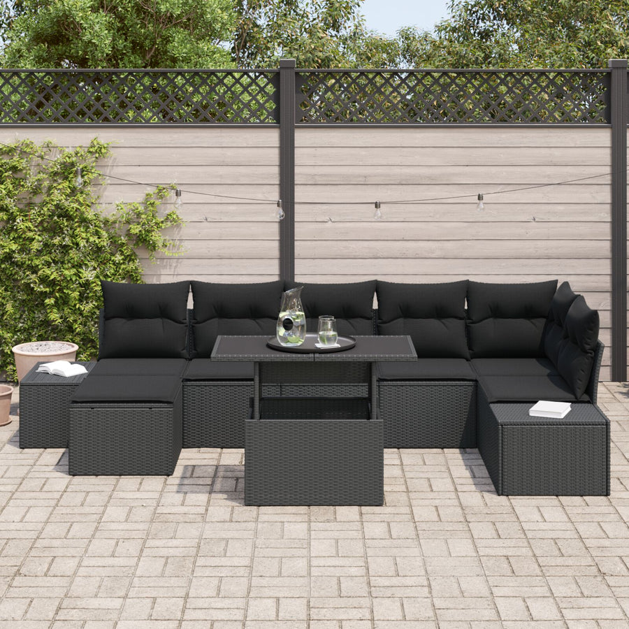 Tuinset 8-Delig Zwart Poly Rattan, Glas Hoekbank Rechthoekig