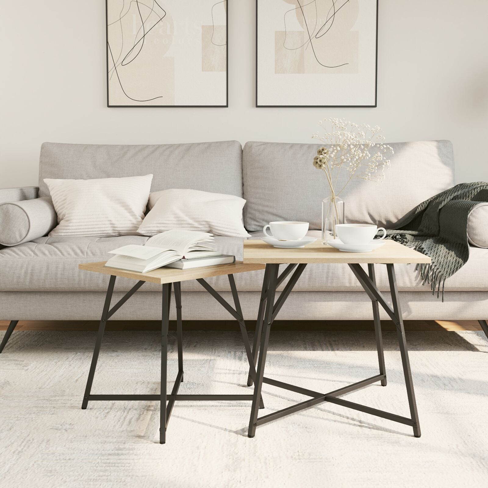 Bijzettafel Set Van 2 - Hout En Metaal Sonoma eiken