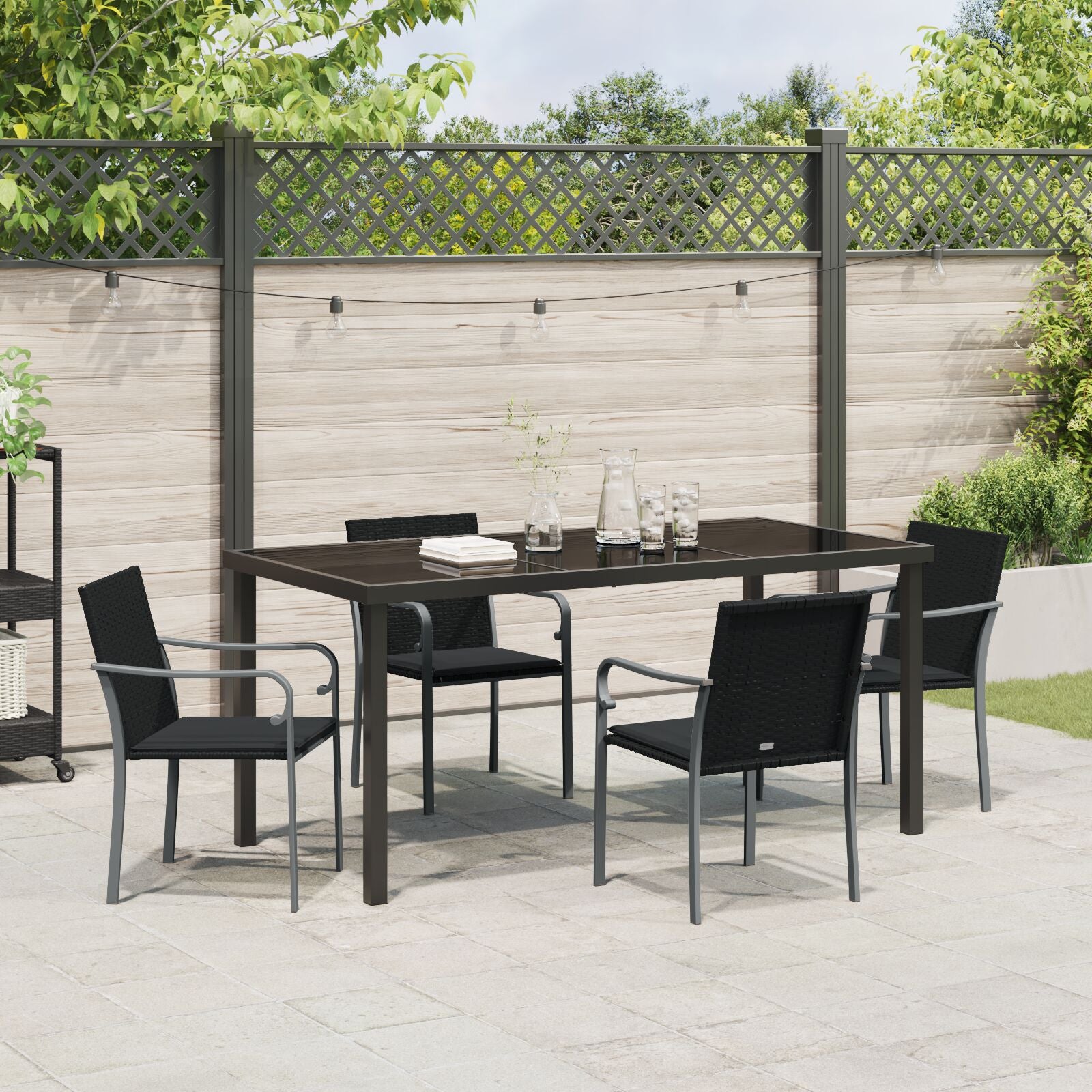 5-Delige Tuin Eettafelset Met Kussens Poly Rattan 4-zits Zwart 160 cm