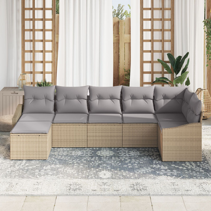 7-Delige Tuin Eetset Met Kussens Beige Poly Rattan