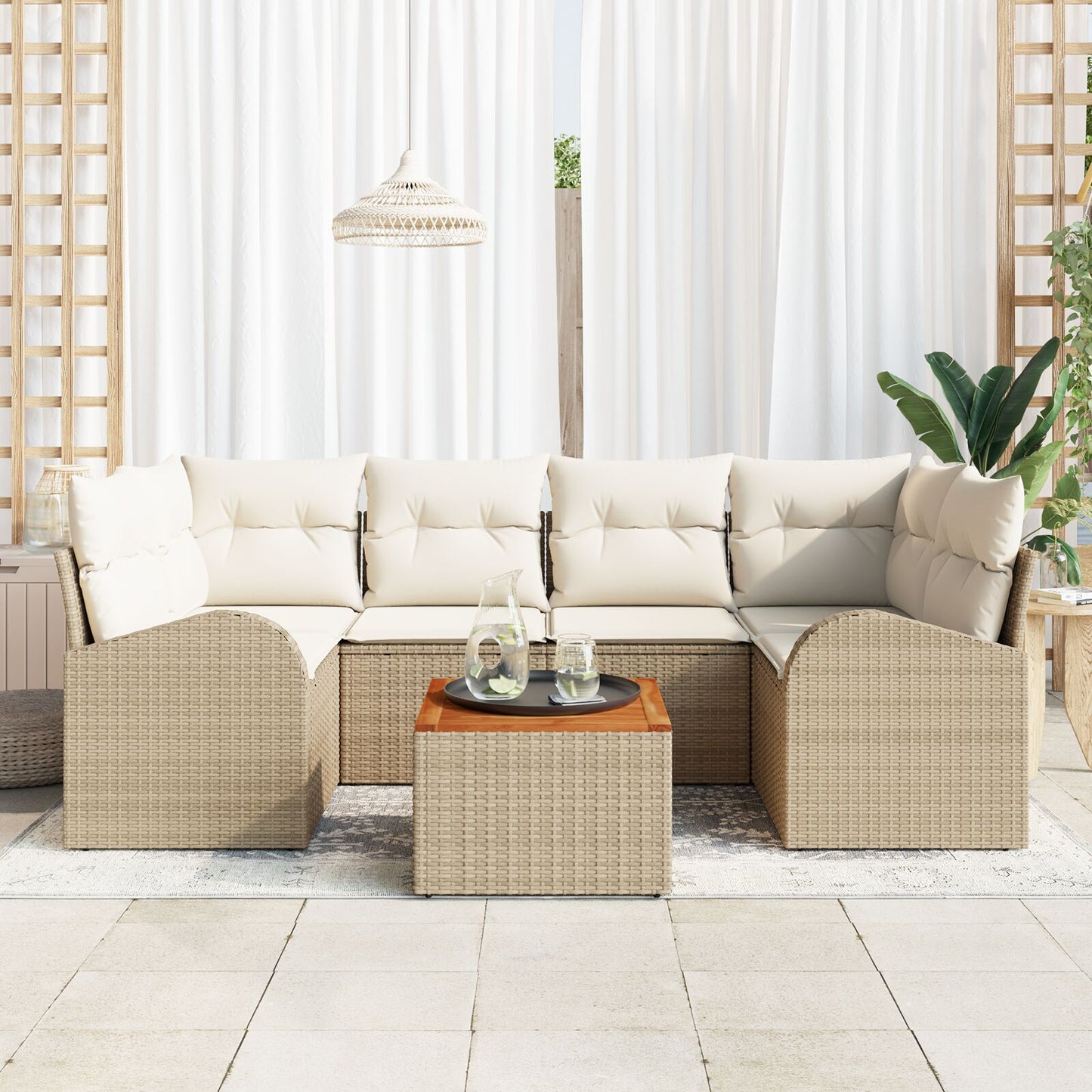 7 Delige Tuinbankset Met Kussens Beige Poly Rattan Acacia