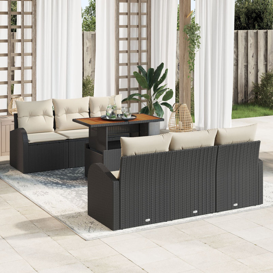 7-Delige Tuin Eetset Met Kussens Zwart Poly Rattan Acacia