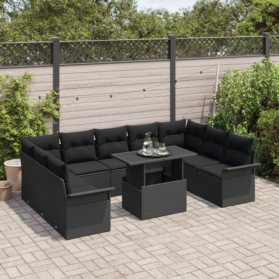 10-Delige Tuin Sofa Set Met Kussens Zwart Poly Rattan