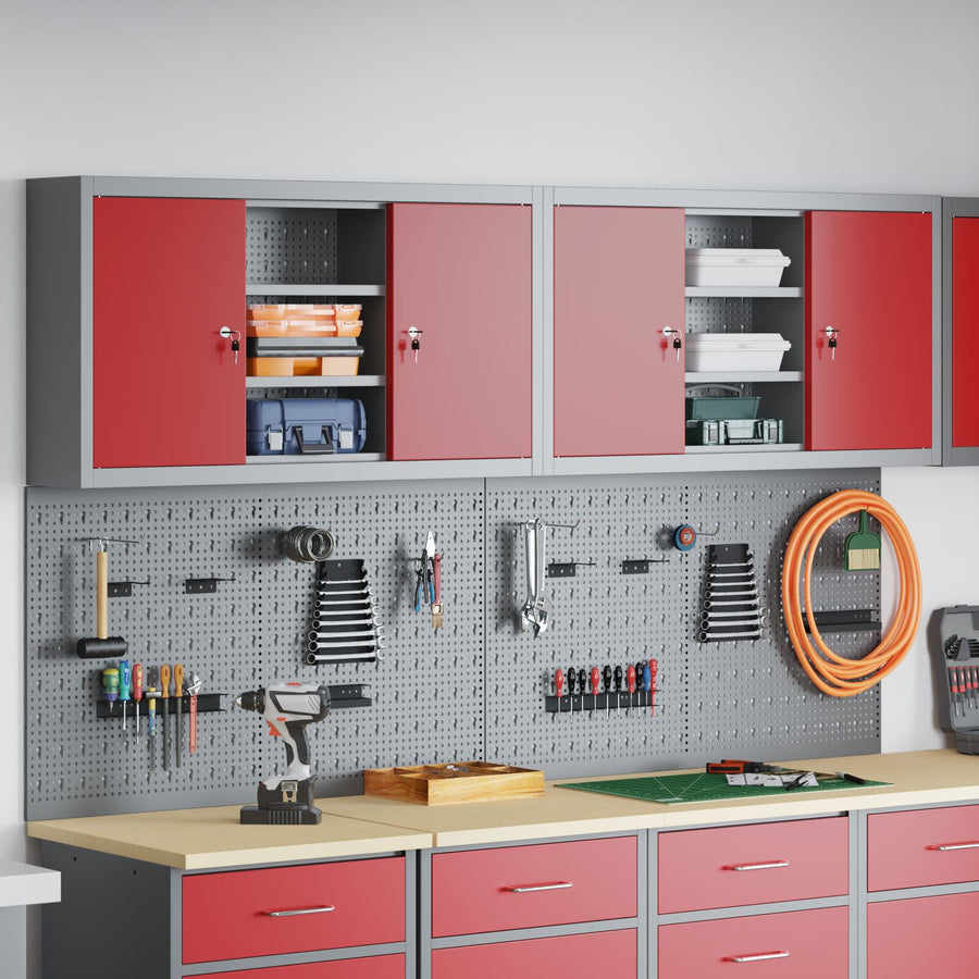 4-Delige Gereedschapskast En Pegboard Set Voor Aan De Muur In Rode Metalen Uitvoering