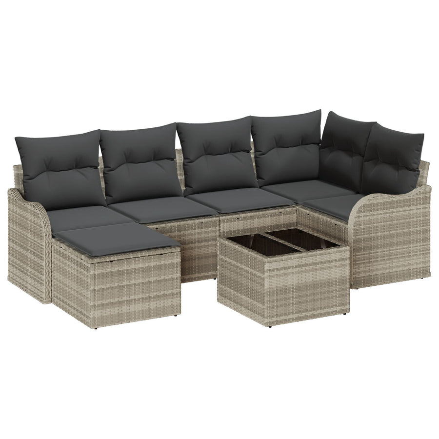 7-delige Tuin Sofa Set met Kussens Grijs Poly Rattan, vidaXL 2-Persoons Tuin Sofa met Kussens Lichtgrijs Poly Rattan