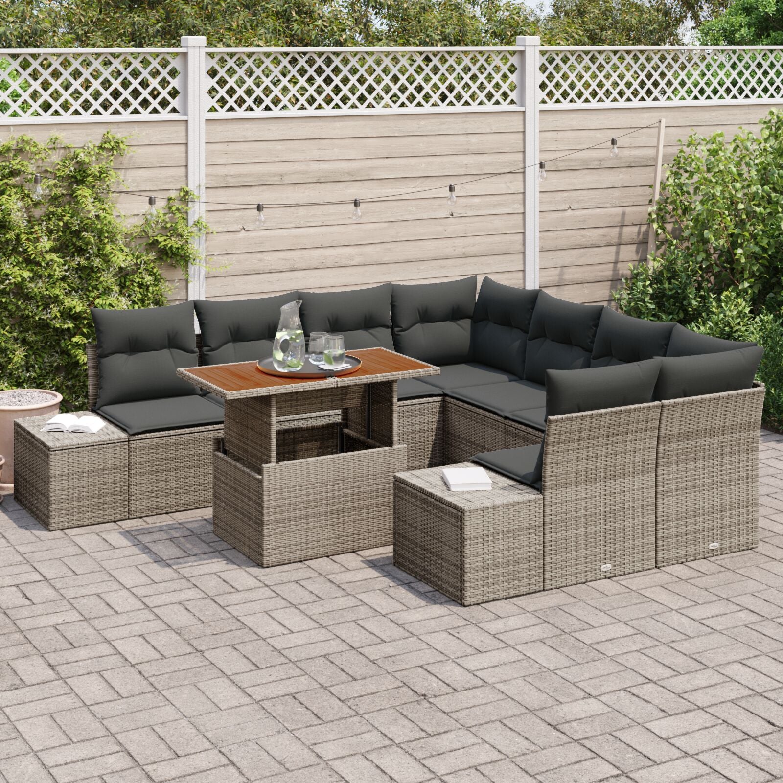 9-Delige Tuinbank Set Met Kussens Grijs Poly Rattan