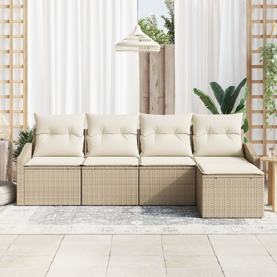 Tuin Sofa Set Set Van 5 Beige Rattan, Polyester Enkele Sofa Gegalvaniseerd Staal