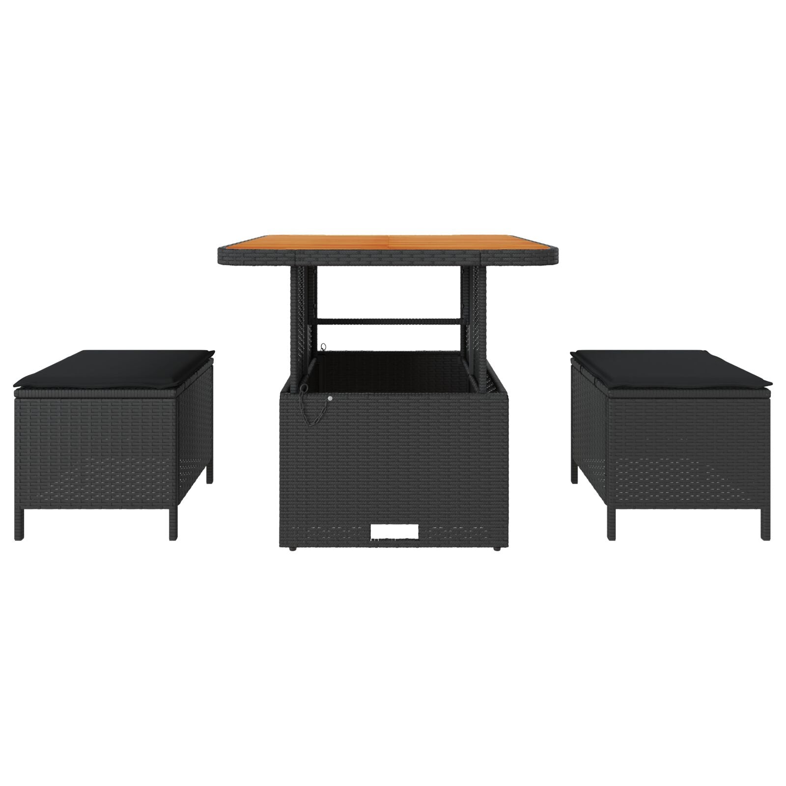 3-Delig Tuin Eetset Met Kussens Poly Rattan Acaciahout 80 cm Zwart 2 krukken