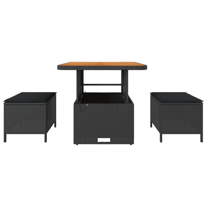 3-Delig Tuin Eetset Met Kussens Poly Rattan Acaciahout 80 cm Zwart 2 krukken