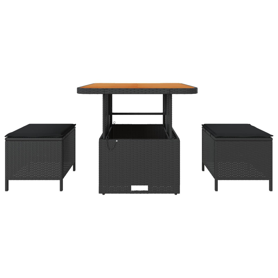 3-Delig Tuin Eetset Met Kussens Poly Rattan Acaciahout 80 cm Zwart 2 krukken