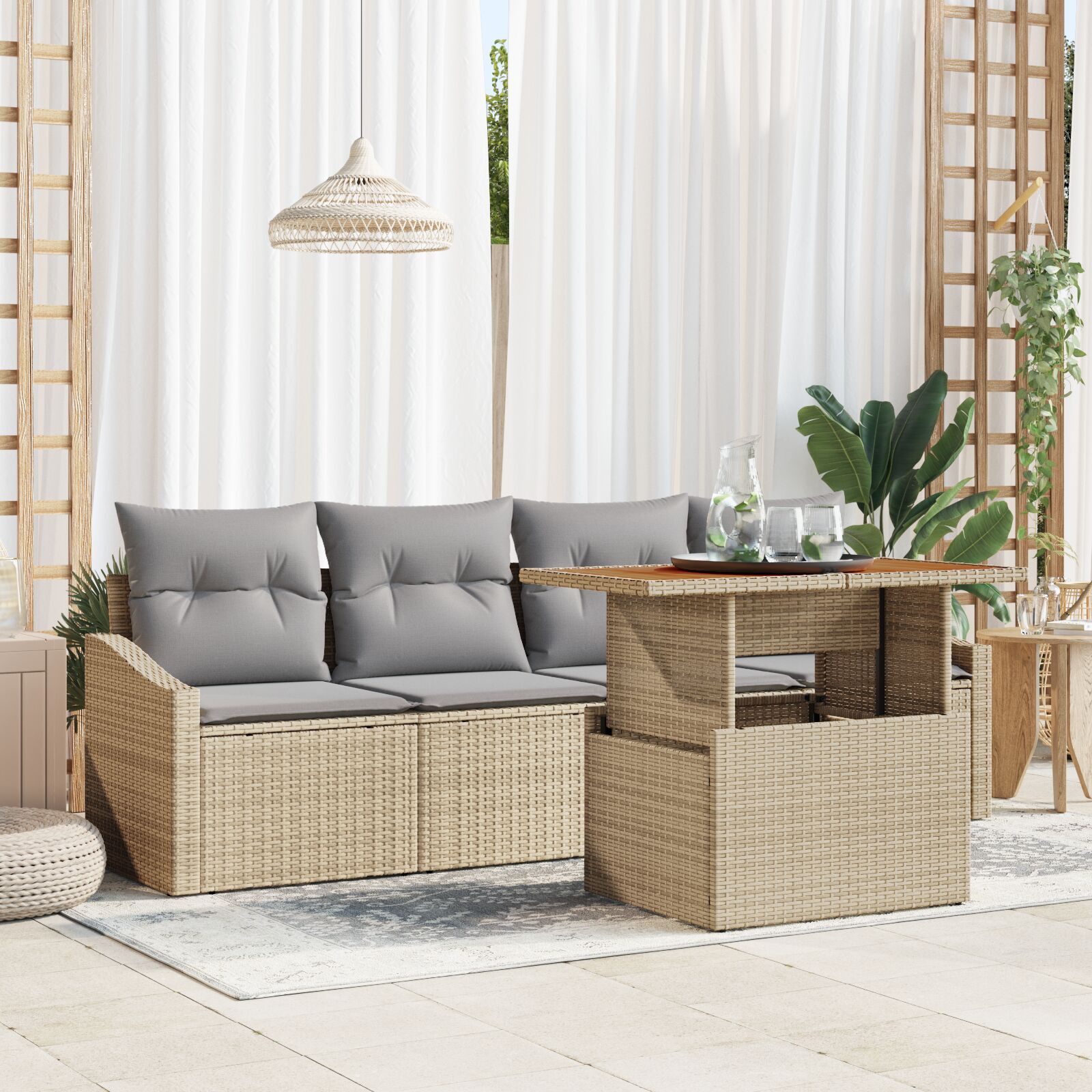 5-Delige Tuindining Set Met Kussens Beige Poly Rattan Acacia