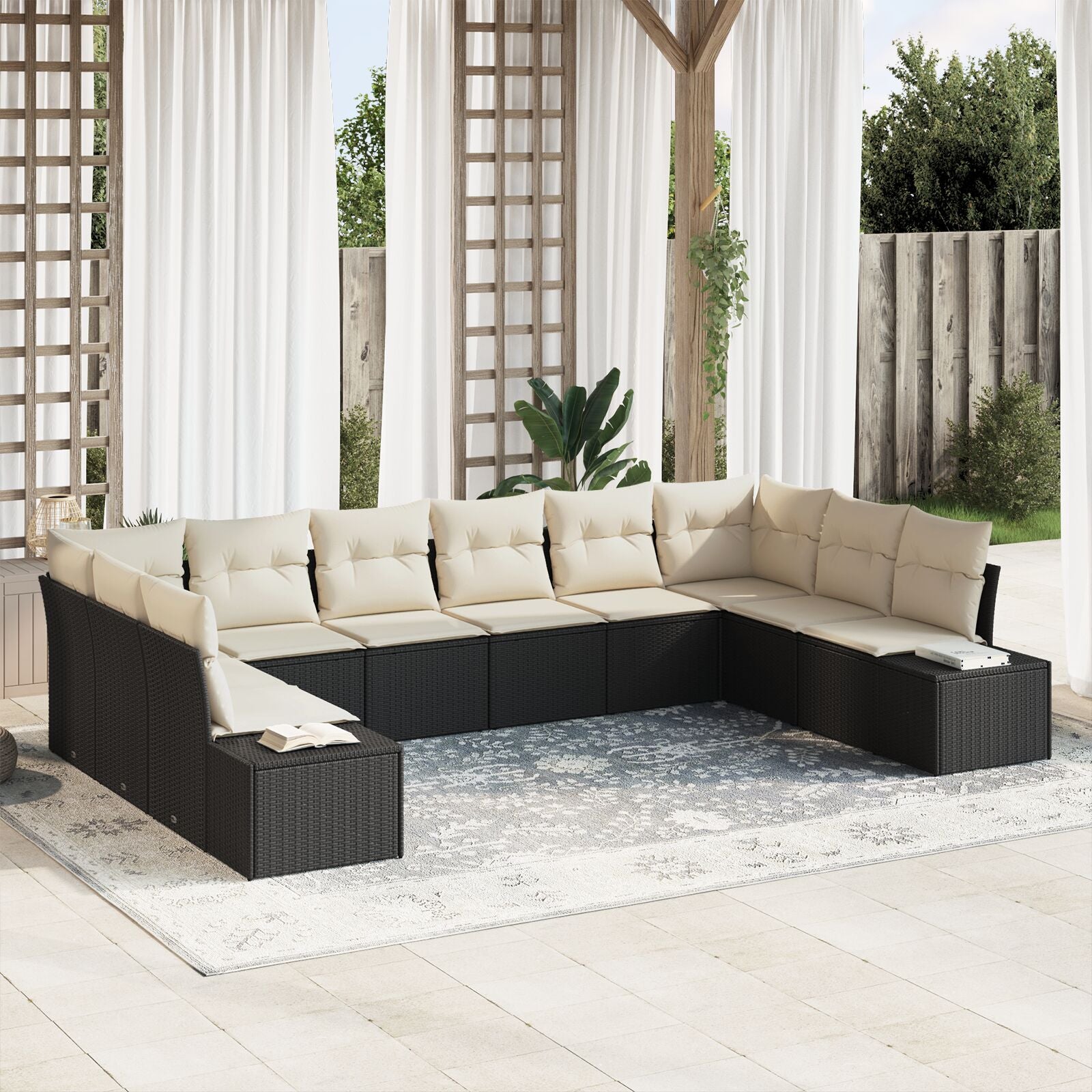 10-Delige Tuinbankset Met Kussens Poly Rattan Zwart en Crème zonder tafel