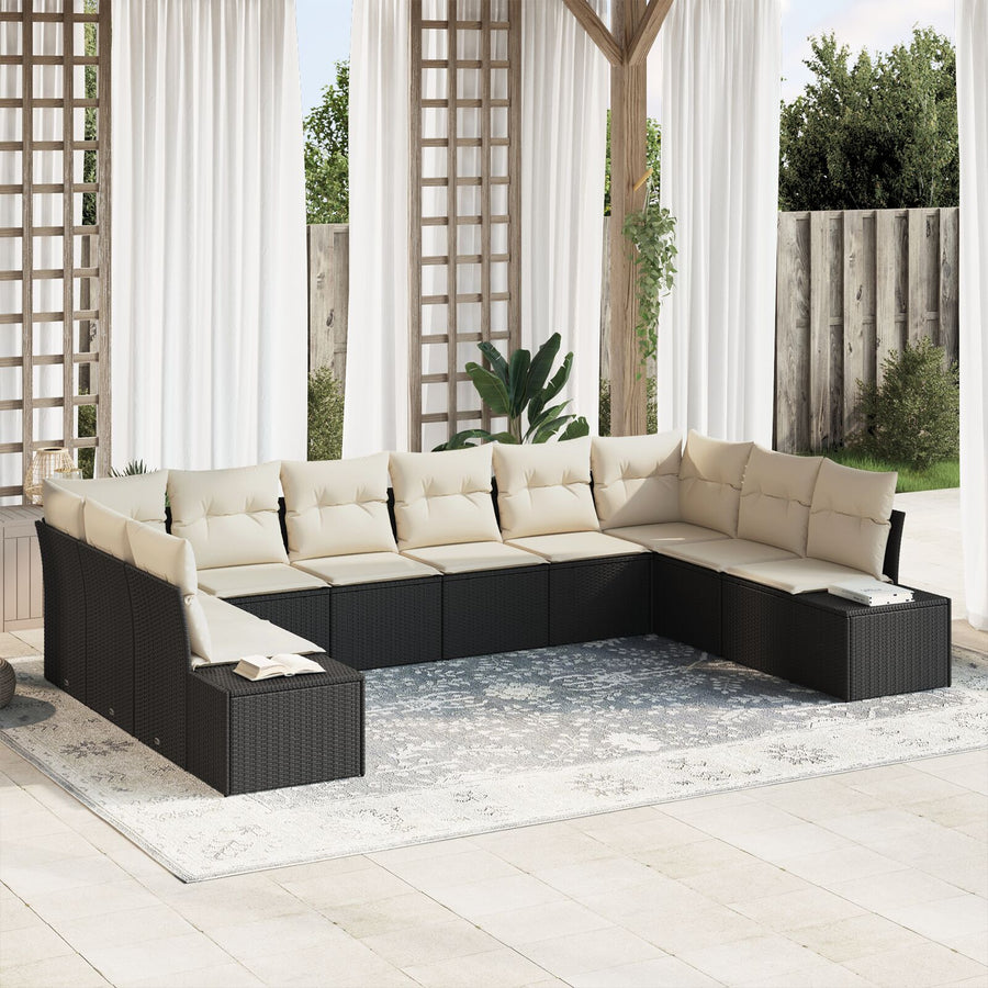 10-Delige Tuinbankset Met Kussens Poly Rattan Zwart en Crème zonder tafel