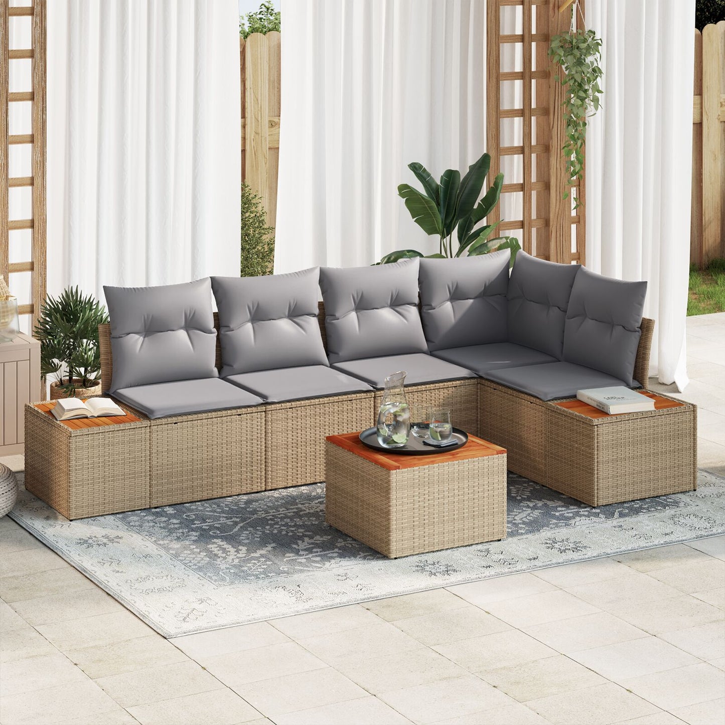 6-Delige Tuin Bank Set Met Kussens Beige Poly Rattan Acacia