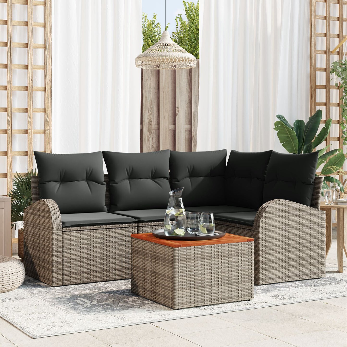 5-Delige Tuinsofa Set Met Kussens Grijs Poly Rattan Acacia