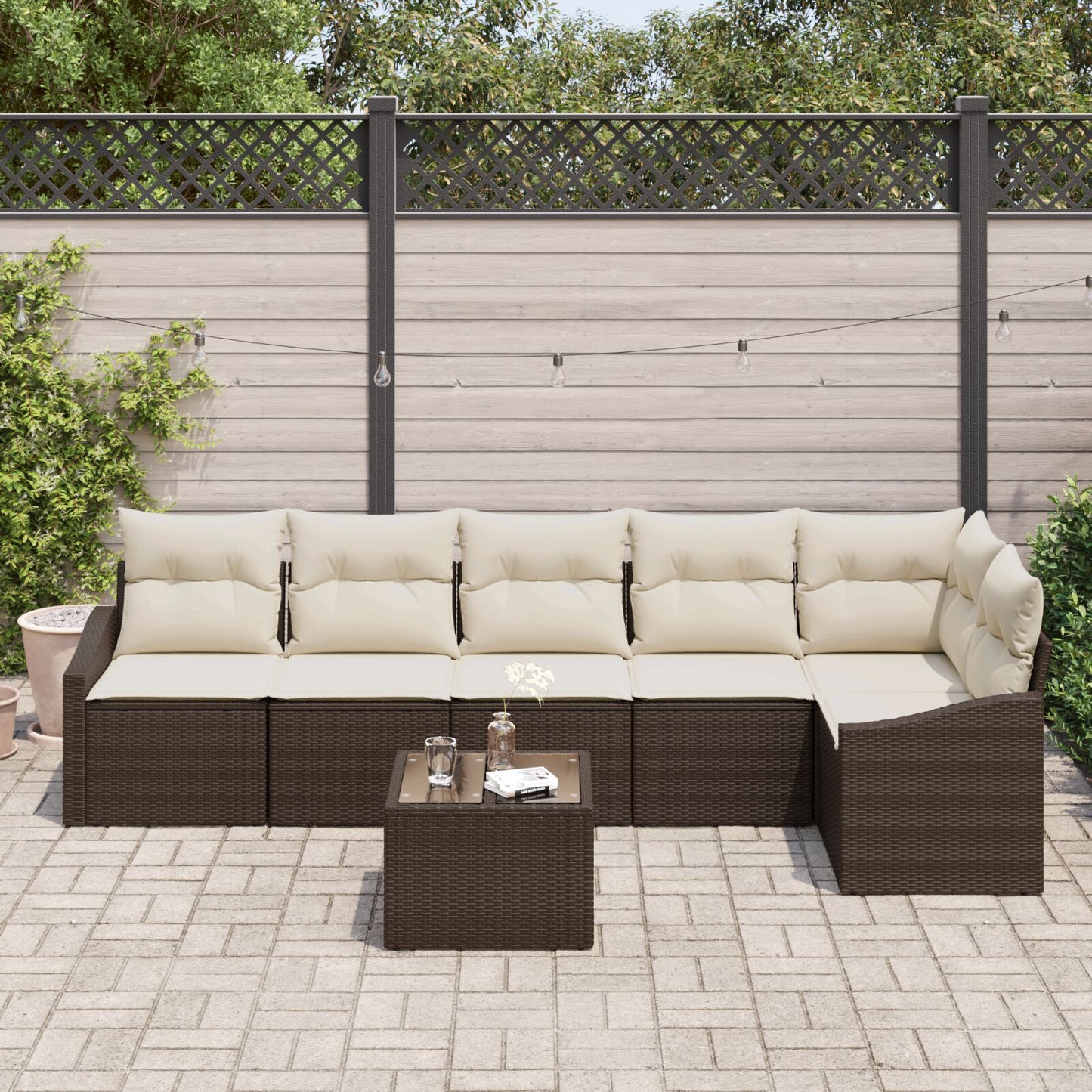 Tuin Sofa Set Set Van 7 Bruin, Crème Rattan, Polyester