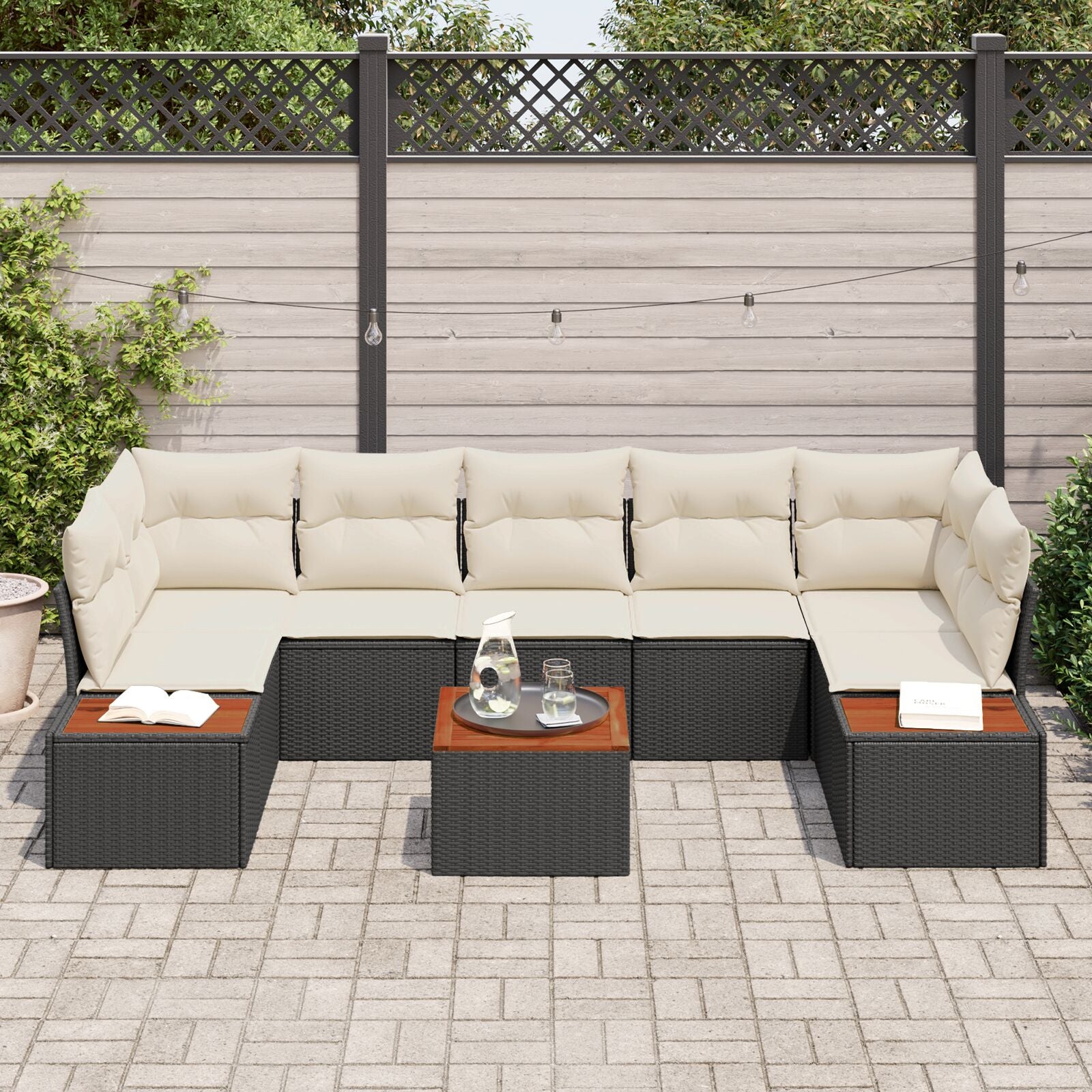 8-Delige Tuin Sofa Set Met Kussens Zwart Poly Rattan Acacia