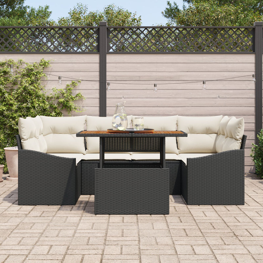 7-Delige Tuin Eetset Met Kussens Zwart Poly Rattan Acacia
