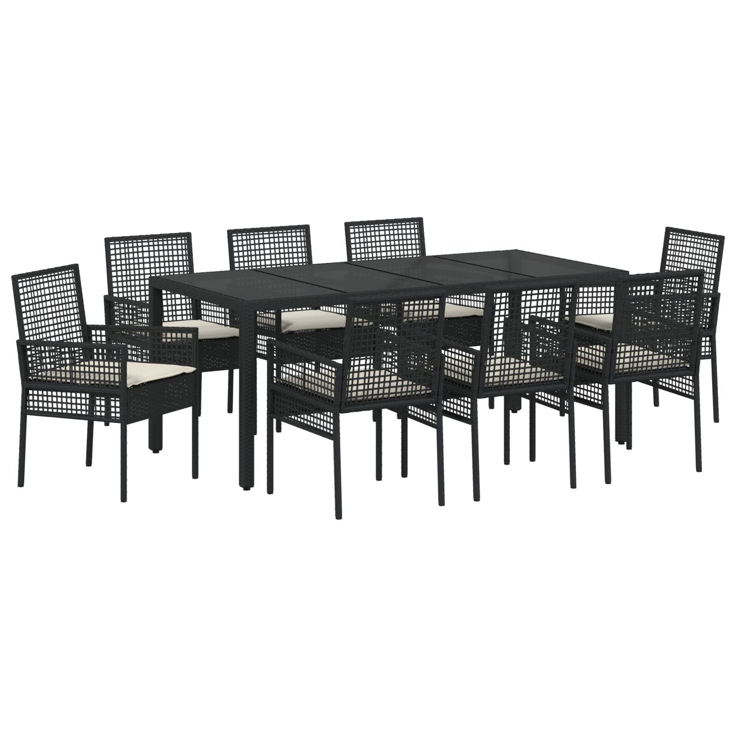 Set Van 5 Zwart Poly Rattan, Gepoeerd Staal, Gehard Glas Groot