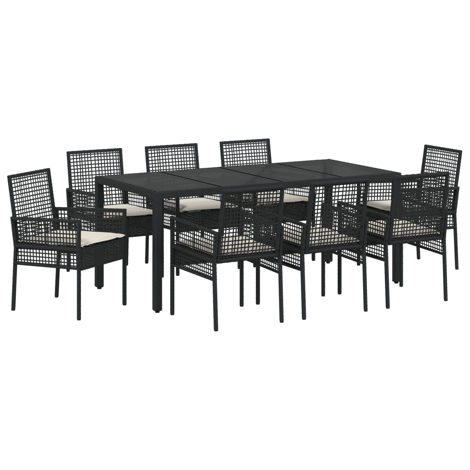 Set Van 5 Zwart Poly Rattan, Gepoeerd Staal, Gehard Glas Groot