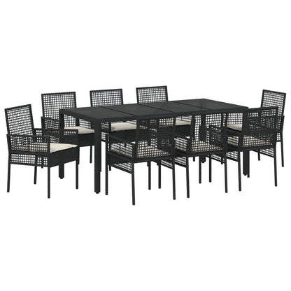 Set Van 5 Zwart Poly Rattan, Gepoeerd Staal, Gehard Glas Groot