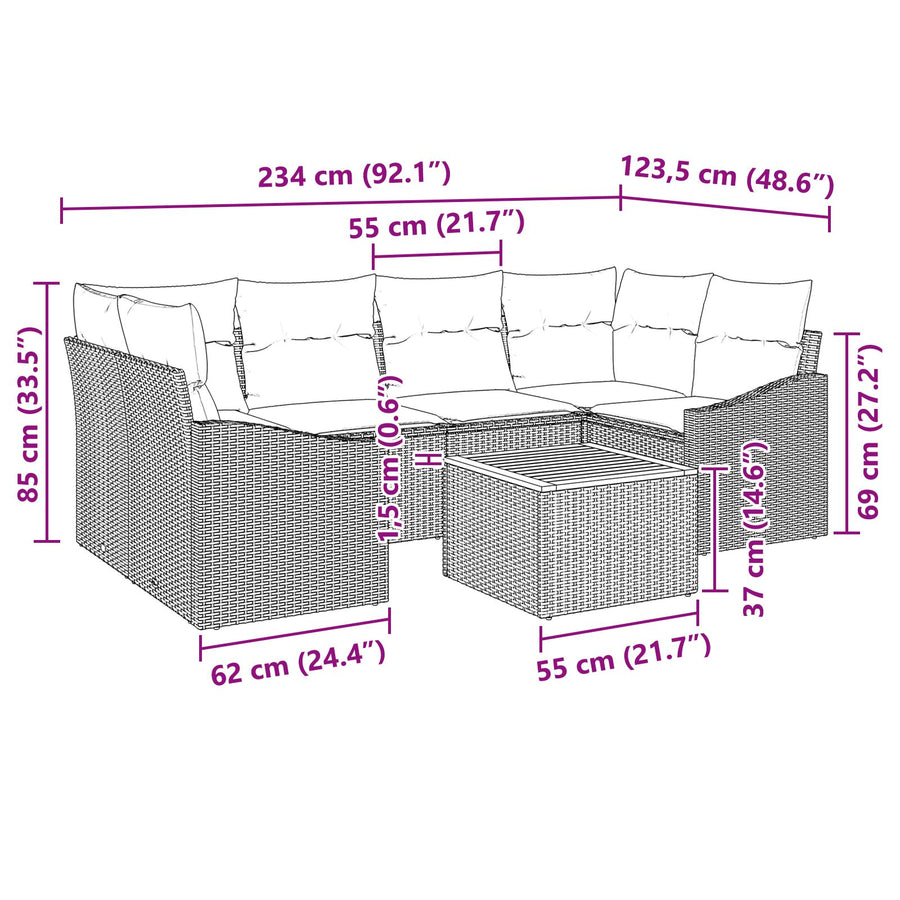 7-Delige Tuin Sofa Set Met Kussens Zwart Poly Rattan Acacia