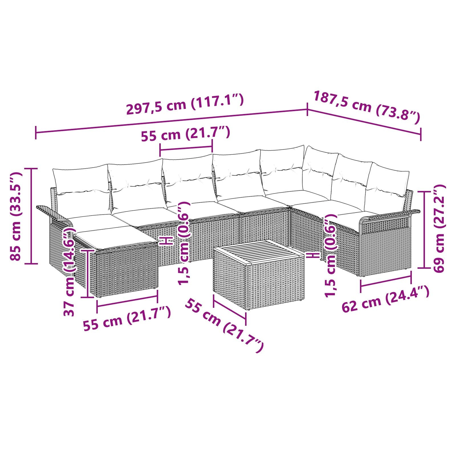 Tuin Sofa Set Set Van 9 Zwart En Crème Rattan En Stof