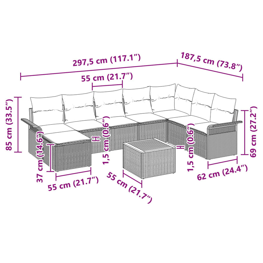 Tuin Sofa Set Set Van 9 Zwart En Crème Rattan En Stof