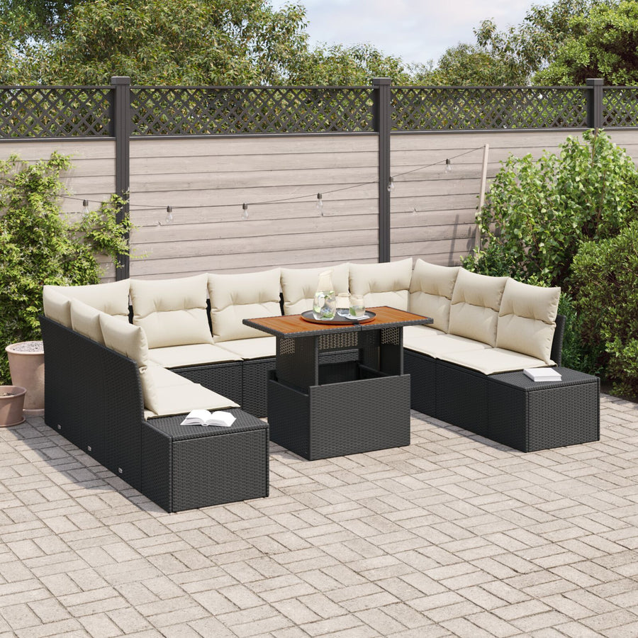 10-Delige Tuin Sofa Set Met Kussens Zwart Poly Rattan