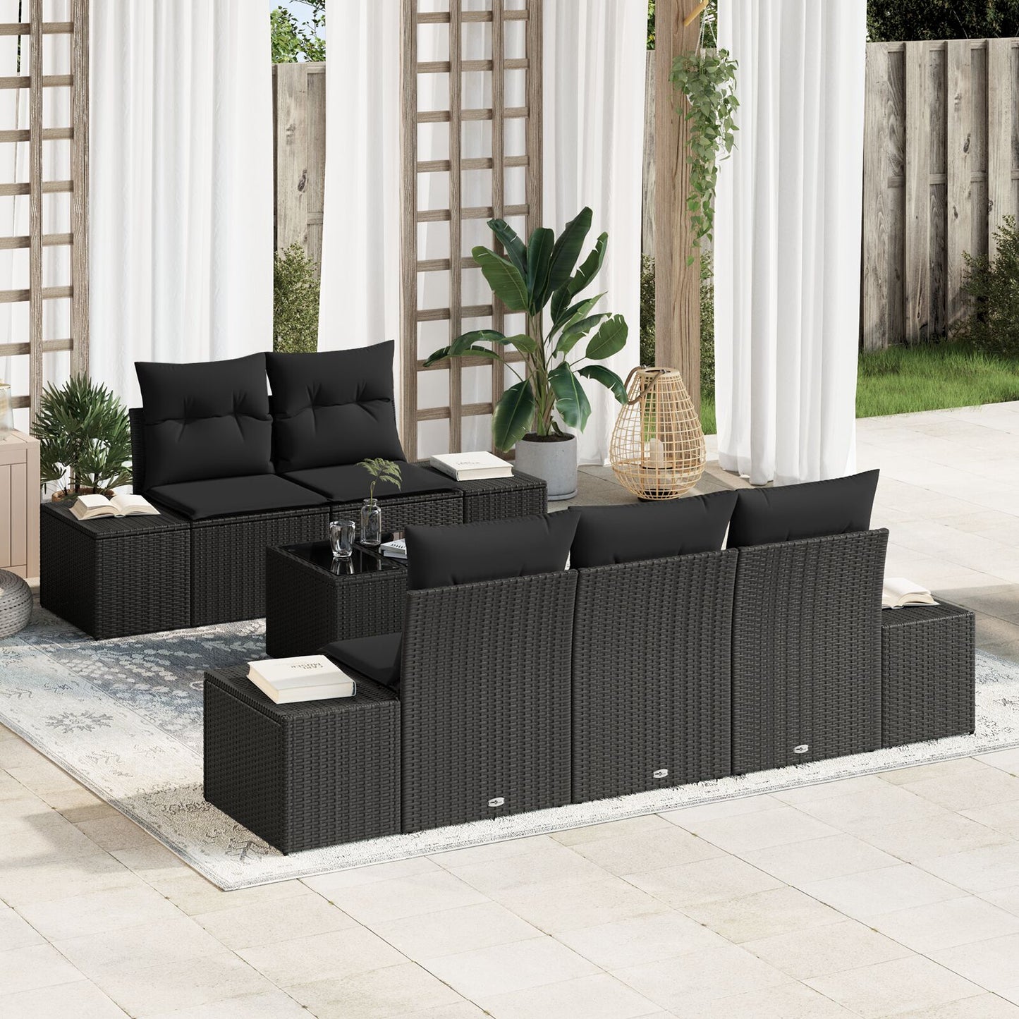 6-Delige Tuinbankset Met Kussens Zwart Poly Rattan