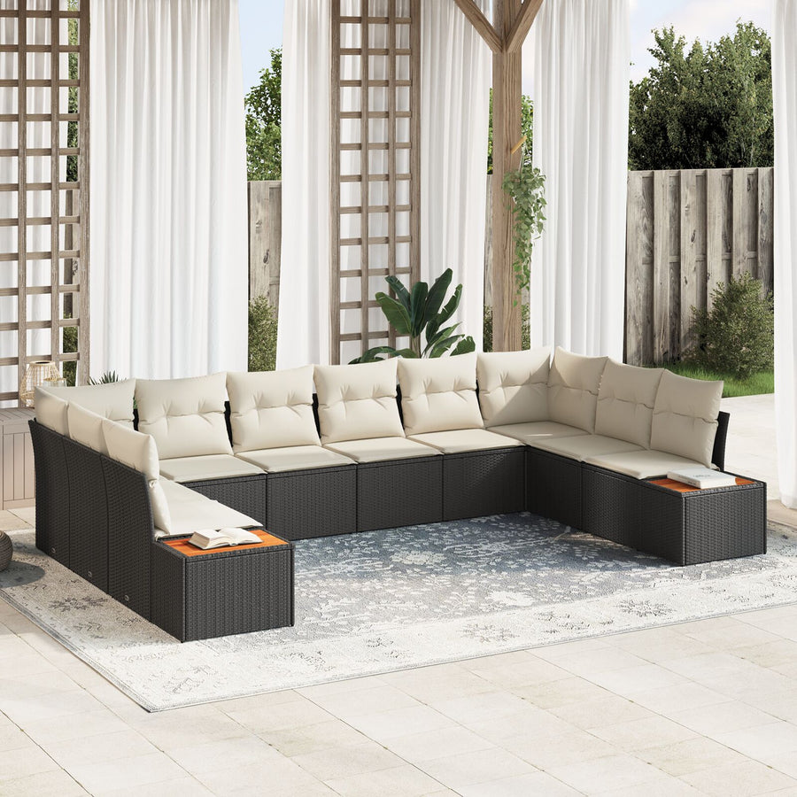 10-Delige Tuinbankenset Met Kussens Zwart Poly Rattan Acacia