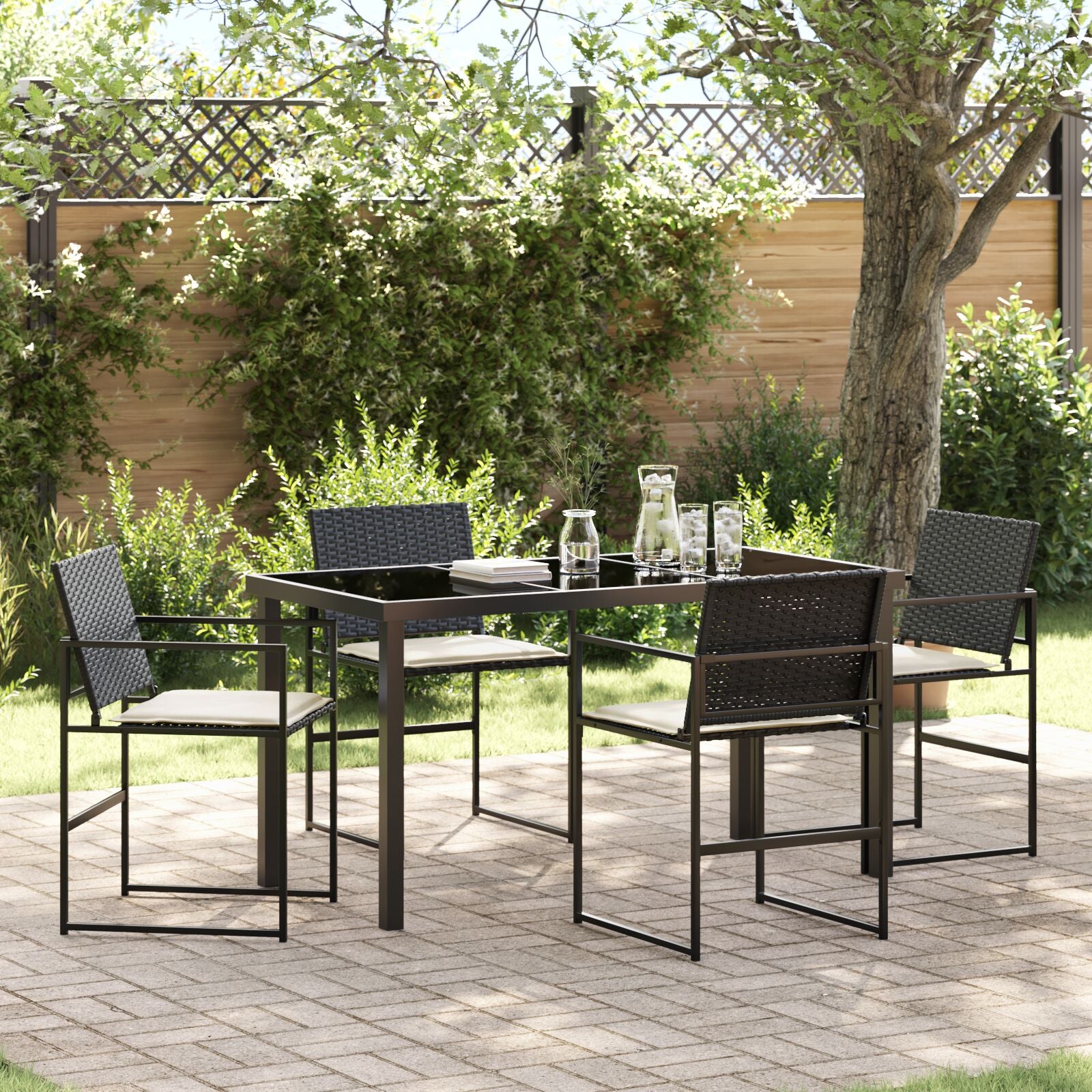 5-Delig Tuin Eetset Met Kussens Zwart Poly Rattan