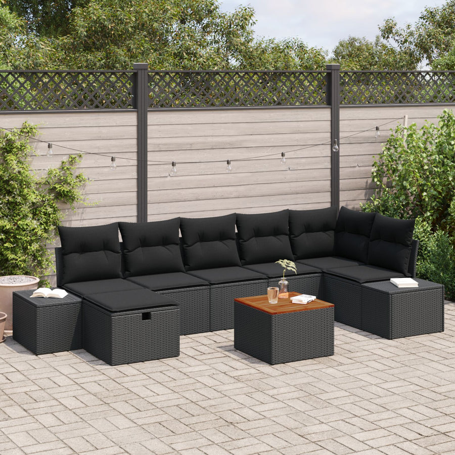 8-Delige Tuinsofa Set Met Kussens Zwart Poly Rattan