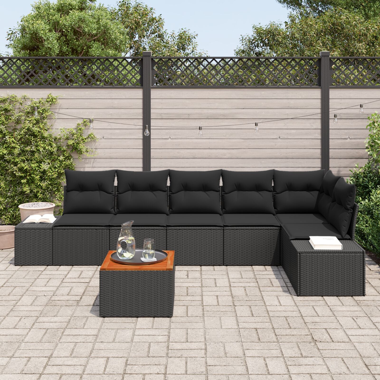 7-Delige Tuin Sofa Set Met Kussens Zwart Poly Rattan Acacia