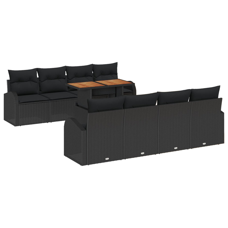 9-Delige Tuin Eettafel Set Met Kussens Zwart Poly Rattan Acacia