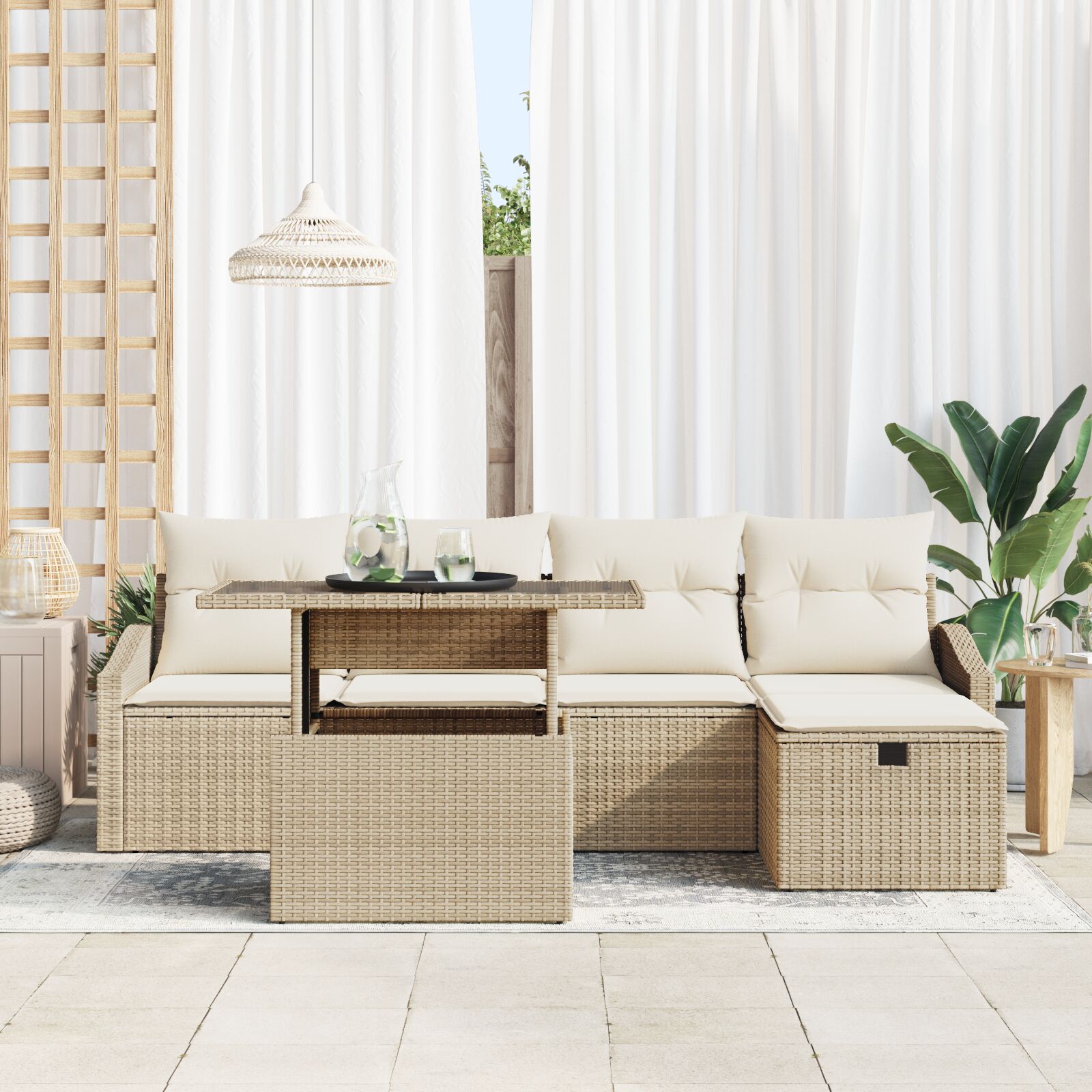 6-Delige Tuinsofa Set Met Kussens Beige Poly Rattan Wit