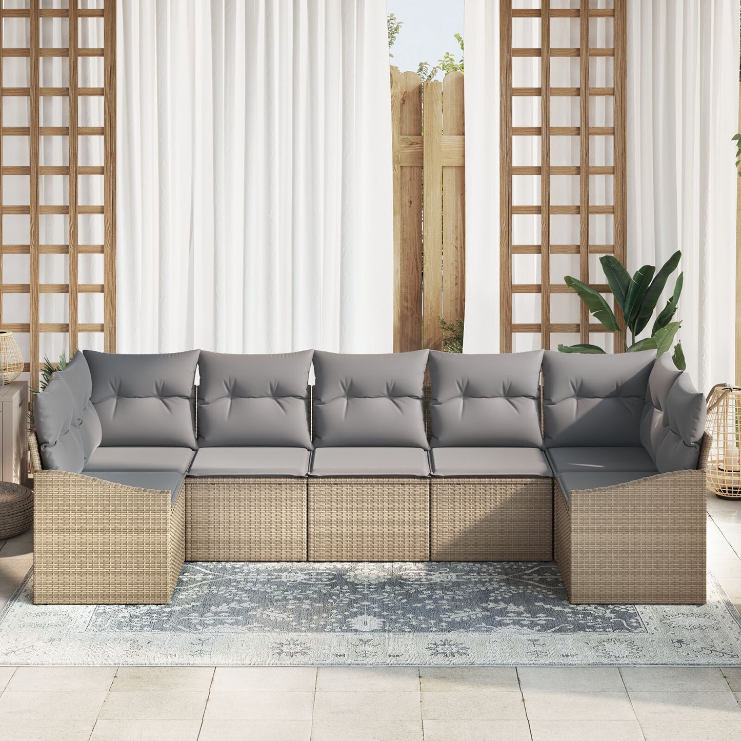 Tuin Sofa Set Set Van 7 Beige, Grijs Rattan, Polyester