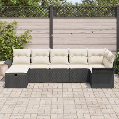 7-Delige Tuin Sofa Set Met Kussens Zwart Poly Rattan