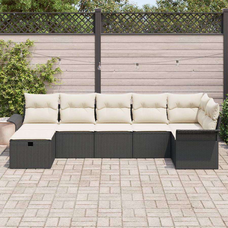 7-Delige Tuin Sofa Set Met Kussens Zwart Poly Rattan