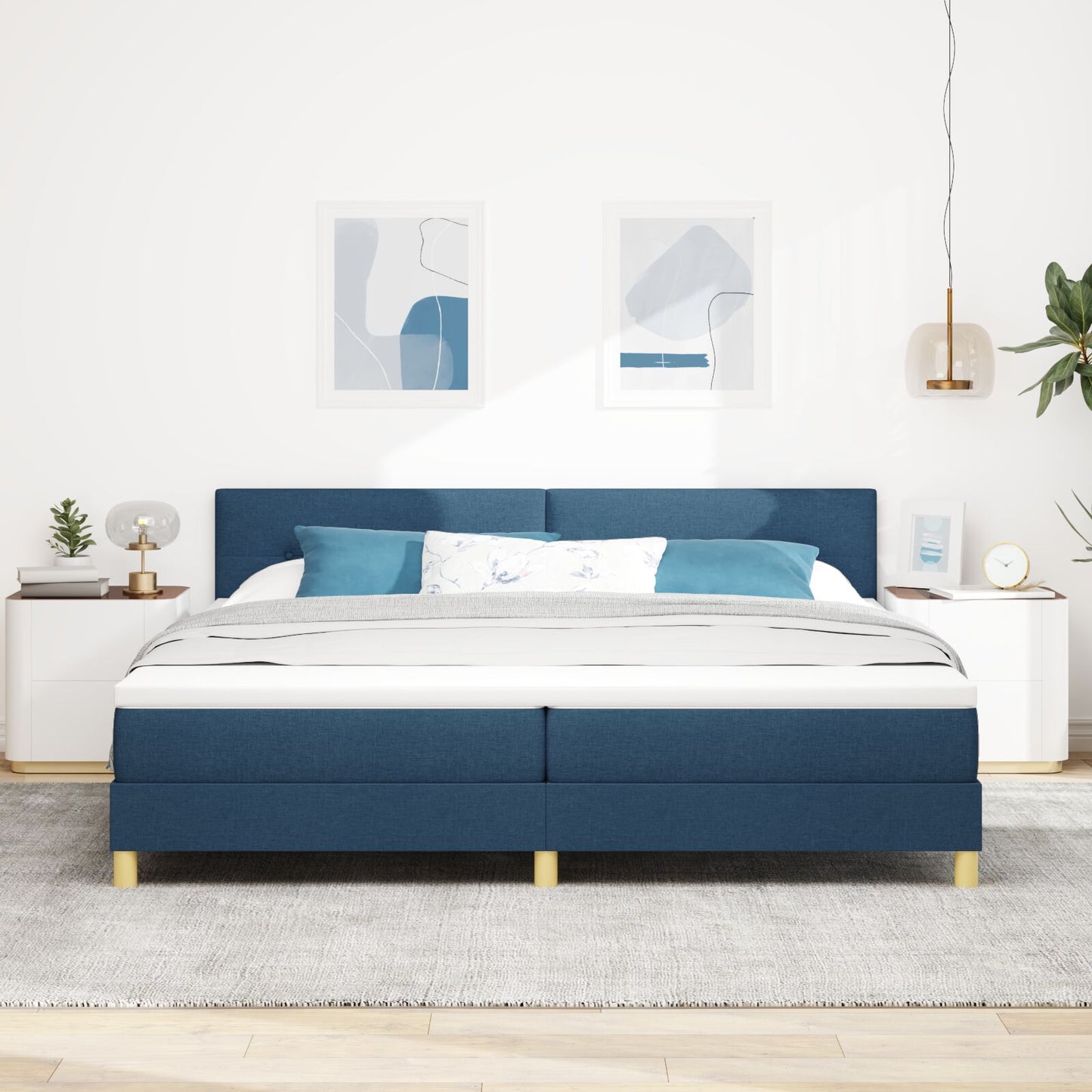 Boxspringbed Met Matras Stof Blauw 200 x 200 cm Knoopgestoffeerd