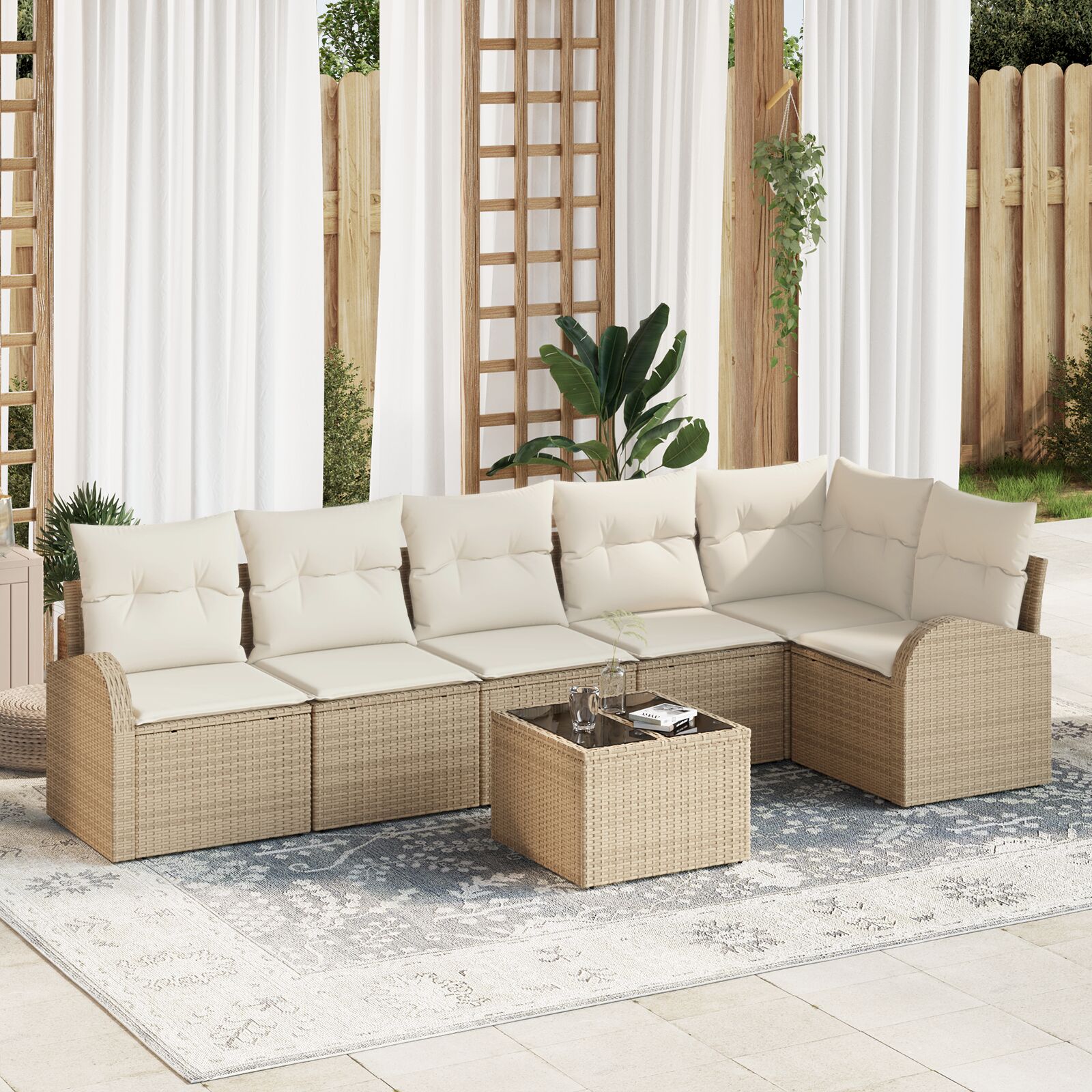 7 Delige Tuinbankset Met Kussens Bruin Poly Rattan Beige en crème met tafel