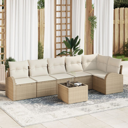 7 Delige Tuinbankset Met Kussens Bruin Poly Rattan Beige en crème met tafel