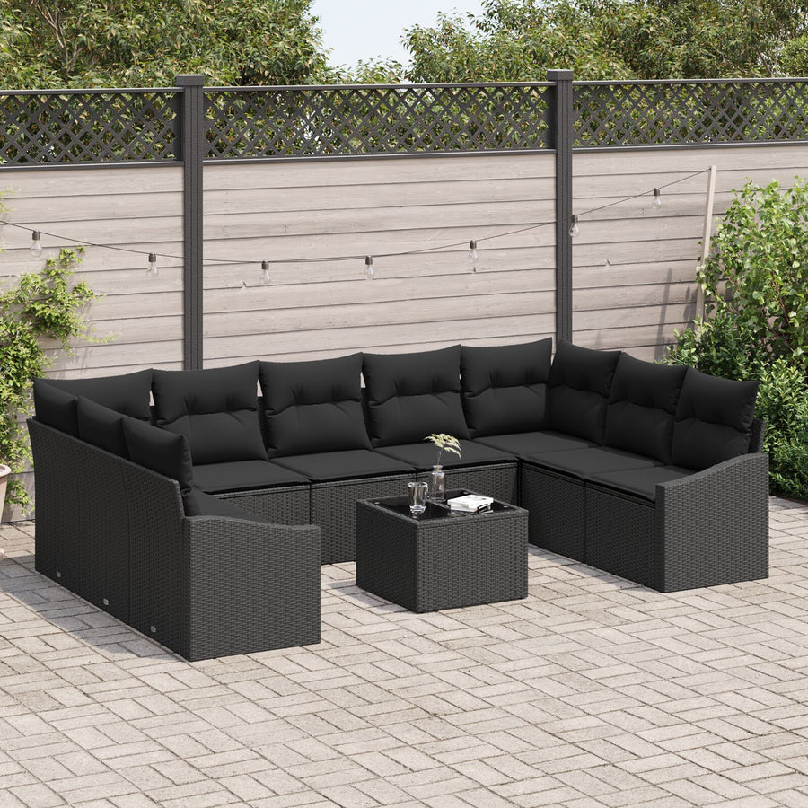 10-Delige Tuinbankset Met Kussens Beige Poly Rattan Zwart met tafel