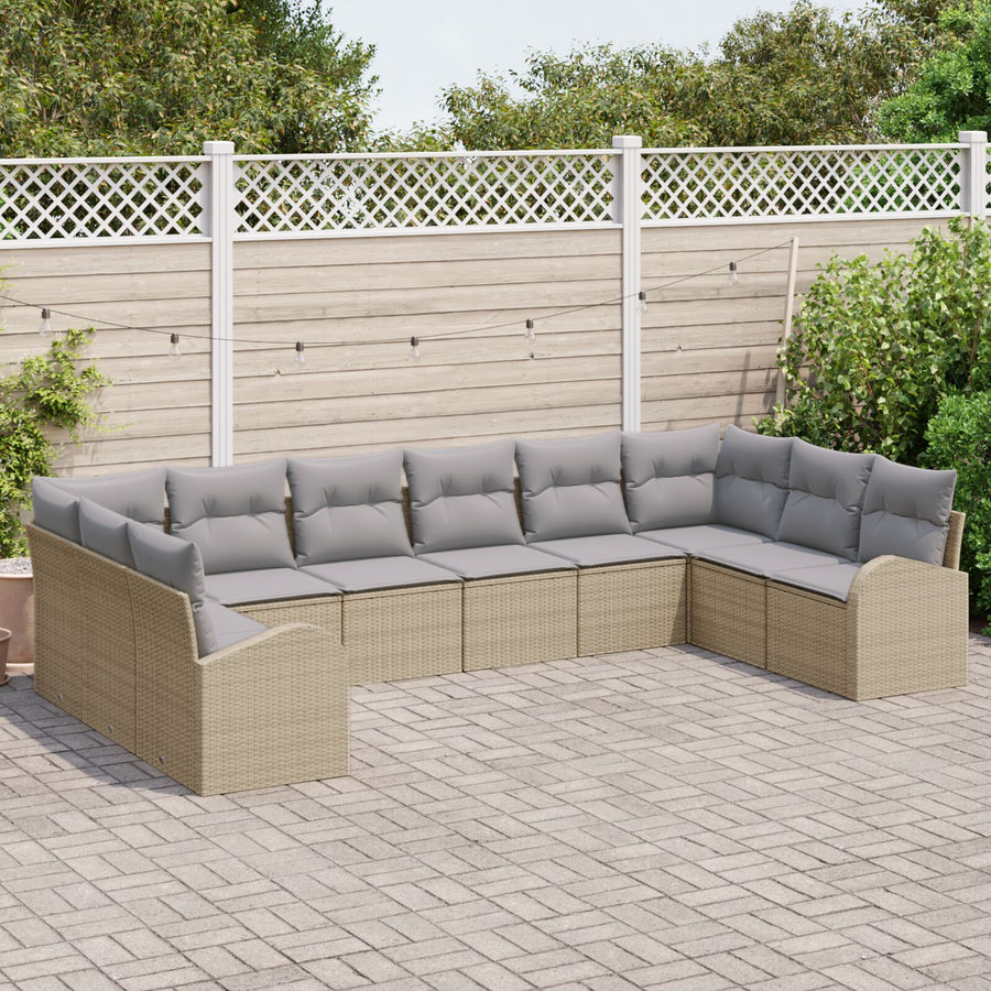 10-Delige Tuin Sofa Set Met Kussens Beige Poly Riet