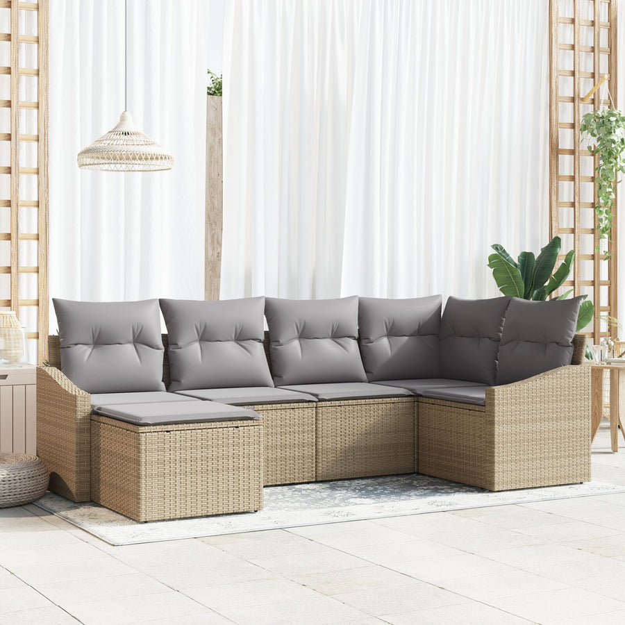 6-Delige Tuin Eetset Met Kussens Beige Poly Rattan