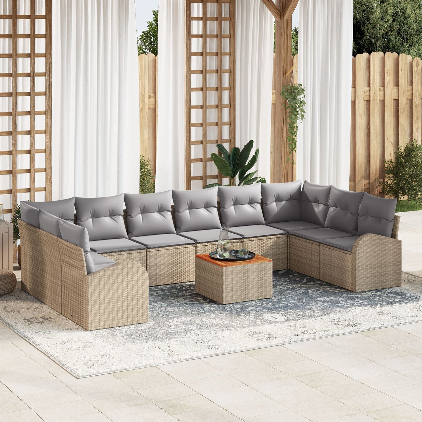 11-Delige Tuin Sofa Set Met Kussens Beige Poly Rattan Acacia