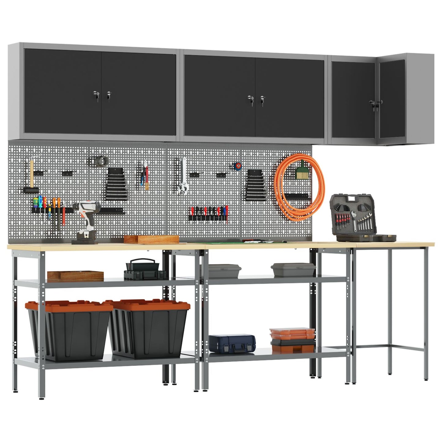 10-Delige Toolopslagtafelset Gelaagd Hout En Metaal 100 cm kast met pegboard Zwart 3x tafel + 4x kast + 4x pegboard