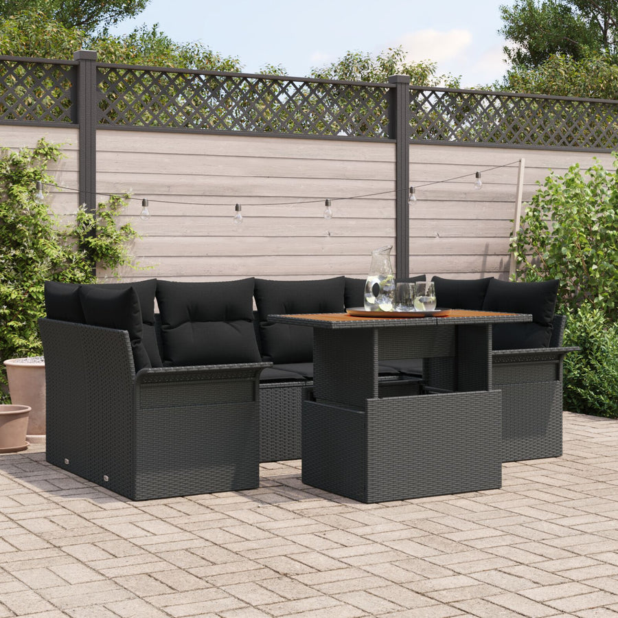 7-Delige Tuinsofa Set Met Kussens Zwart Poly Rieten Acacia