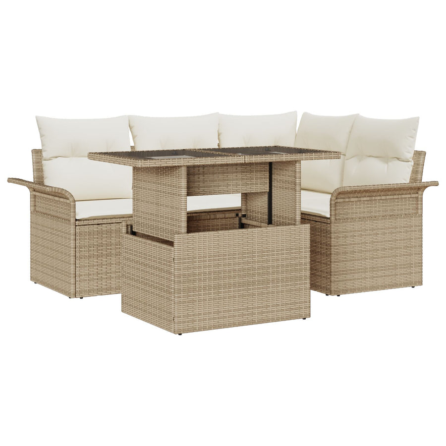 5-Delige Tuin Sofa Set Met Kussens Beige Poly Rattan