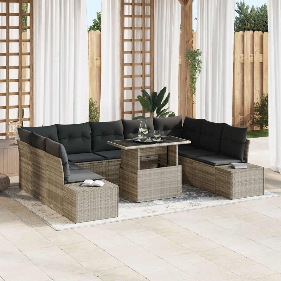 Tuinbankset Set Van 10 Beige En Grijs Pe Rattan, Staal, Polyester